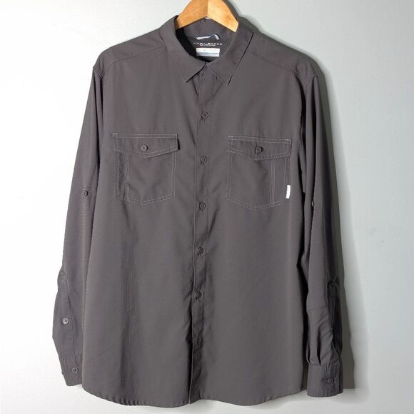 Columbia Omni Shade Sun Protection Grey Long Sleeve Button Up Tab Sleeve Shirt L - Picture 1 of 14